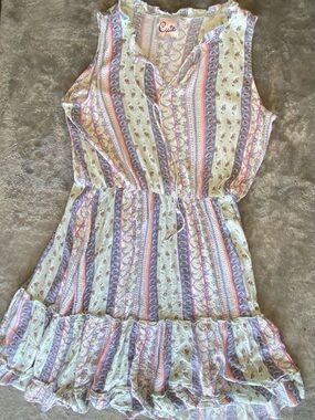 Cute by Daisy Floral  A Sleeveless Striped Boho Dress in Mint and Navy